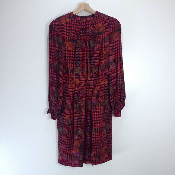 Vintage 100% Silk Anne Crimmins for Umi Collections Houndstooth + Florals Dress - Picture 2 of 16